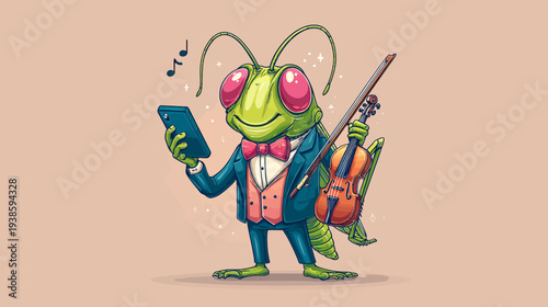A cartoon insect, dressed in a suit with a bow tie, holding a phone and a violin