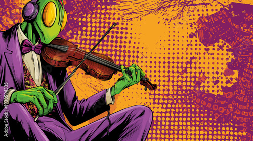 A green-skinned humanoid in a purple suit plays a violin against an orange and purple halftone background