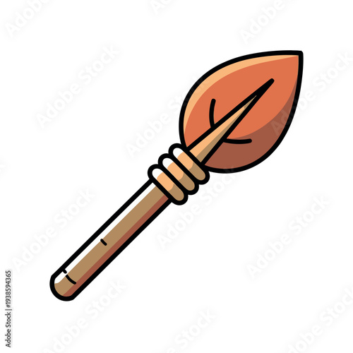 Leaf shaped primitive dart or spearhead is bound to a wooden handle tightly.