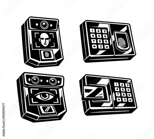 Black and white security system vector set with facial and biometric scanners
