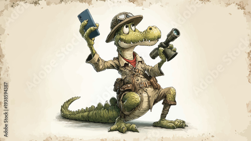 A cartoon alligator explorer holding a phone and binoculars on a textured, parchment-like background