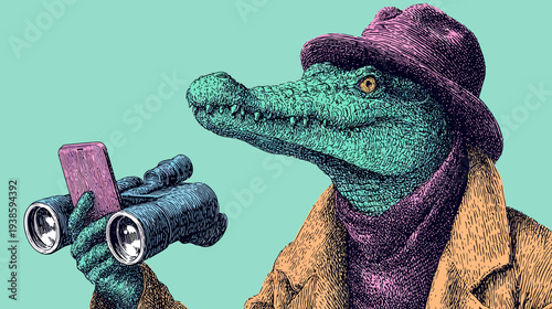 Illustration of an alligator wearing a hat and jacket, holding binoculars