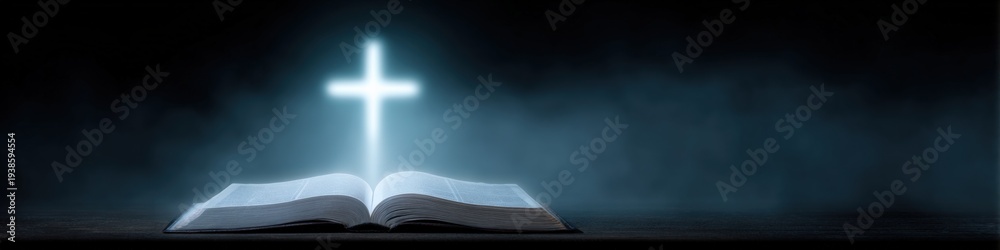Naklejka premium Open bible with glowing cross above on dark misty background conveying spiritual light faith hope and divine presence
