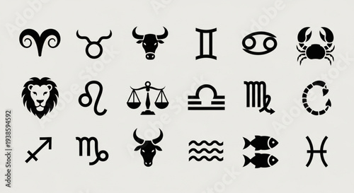 Collection of Zodiac Signs - Astrological Symbols and Horoscope Icons.