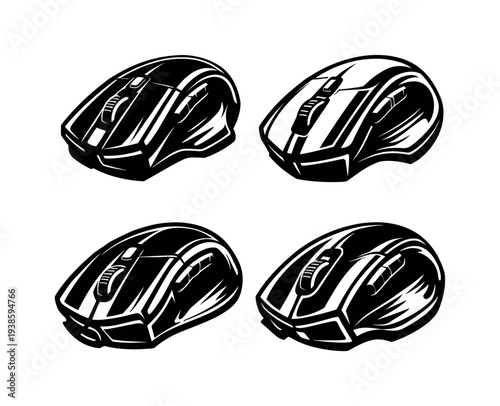 Vector illustration of computer mouse in black and white silhouette set
