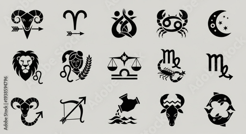 Collection of Zodiac Signs - Astrological Symbols and Horoscope Icons.