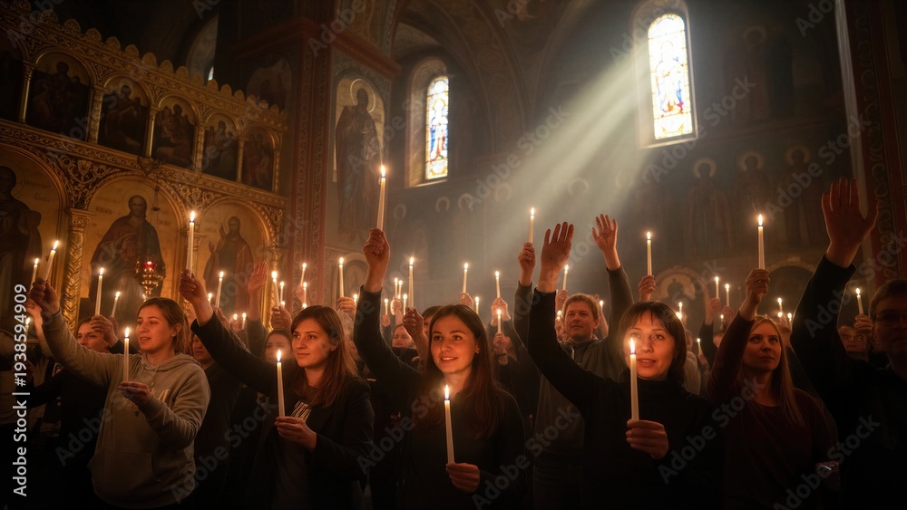 Obraz premium People stand in church holding lit candles. Crowd of worshipers celebrate Pentecost, Holy Spirit with light. Religious ceremony prayer service.