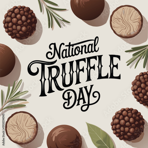 National Truffle Day lettering greeting poster with truffle illustration and green leaves