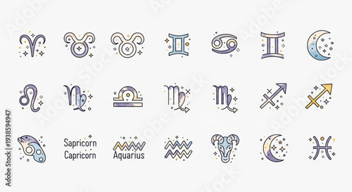 Collection of Zodiac Signs Astrology Symbols and Icons.