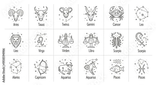 Collection of Zodiac Signs Astrology Symbols Horoscope Icons.