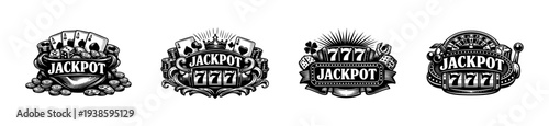 Vintage casino jackpot emblems with cards, chips, and slot machine elements in black and white