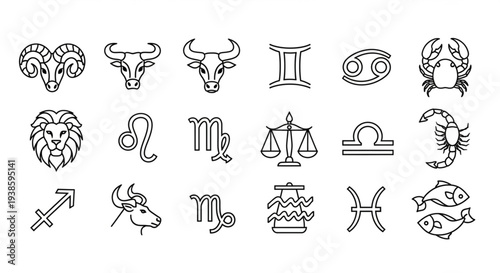 Collection of Zodiac Signs Astrology Symbols Icons.