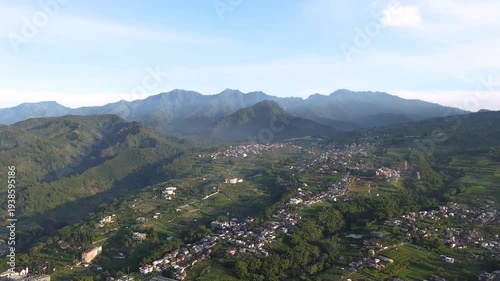 Drone photography of small mountain town during summer day