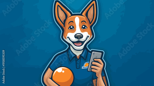 A cartoon dog character, wearing a polo, holding a phone and ball against a blue background