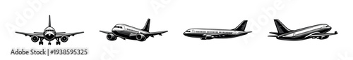 Vector illustration of commercial airplane silhouettes set featuring various aircraft designs