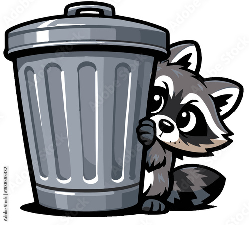 A cautious raccoon carefully observing the world from behind a trash can. The design captures the funny and curious personality often associated with raccoons.