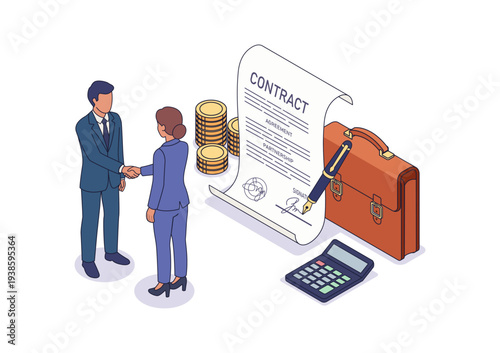 Isometric vector concept of business partnership. Man and woman shaking hands by a signed contract, coins and briefcase for B2B financial agreement web banner or presentation.