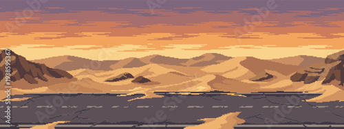 Pixel art seamless multilayered parallax background of a desert sunset and cracked road.