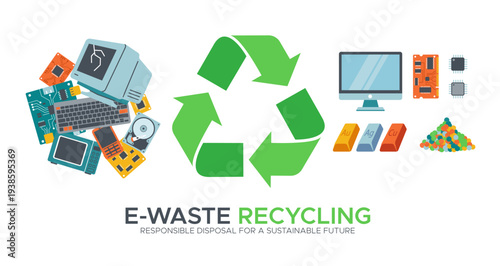 Vector concept of e-waste recycling. Process of turning broken electronics into raw materials and metal bars. Flat design graphic illustration for ecology web banner or infographic.