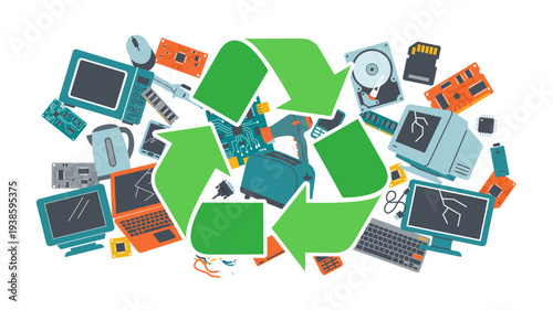 Flat vector illustration of e-waste recycling. Green recycle symbol over a dense pile of broken electronic garbage, computers and home appliances. Flat design graphic for web banner.