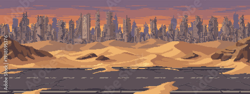 Seamless pixel art background of post-apocalyptic desert city ruins and a cracked road. Multi-layered looping parallax scrolling layers for 2D side-scrolling games.