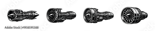 Vector illustration of jet engine parts in black and white silhouette style