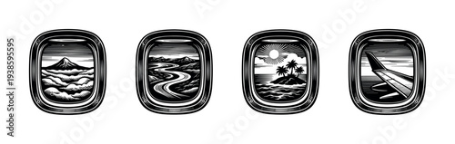 Black and white vector illustration of scenic airplane window views silhouette