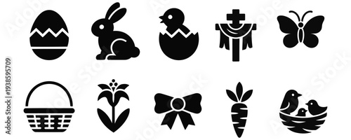 Easter Holiday Icon Set Featuring Cute Bunny, Decorated Eggs, Christian Cross, and Spring Symbols