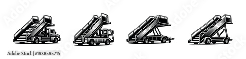 Black and white vector illustrations of airport mobile staircases set with different designs
