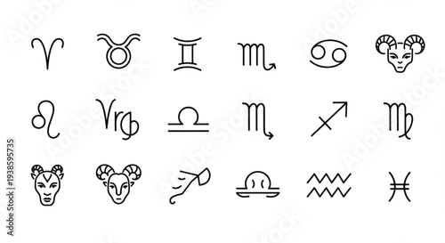 Collection of Zodiac Signs Astrology Symbols Outline Icons.