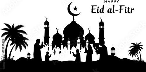 Happy Eid al-Fitr Islamic Mosque Silhouette with Muslim People Praying