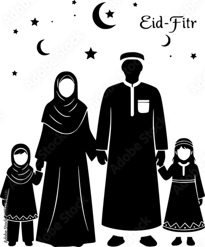 Muslim Family Celebrating Eid al-Fitr Silhouette with Crescent Moon and Stars