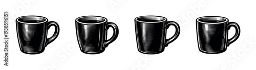 Black and white coffee mugs silhouette set in vintage style clipart