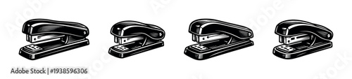 Black and white vector illustration of vintage staplers in row silhouette style