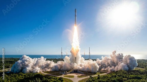 Rocket launching into clear blue sky with bright sunlight and smoke