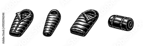 Vector set of camping sleeping bags in vintage black and white illustration style