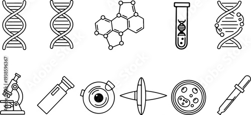 Biology and genetics line icon set with DNA double helix, microscope, laboratory equipment, petri dish, pipette and chemical structure symbols for science research and education. Vector