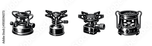 Vintage camping stoves illustration set in black and white silhouette style