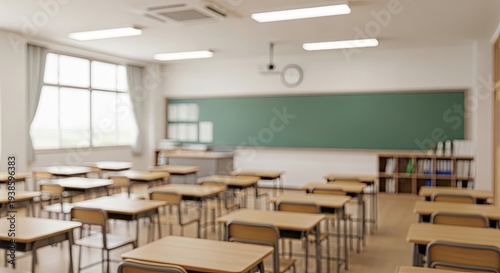empty school classroom with desks.
