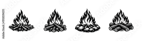 Vector illustration of campfire silhouettes with firewood arrangements in black and white style