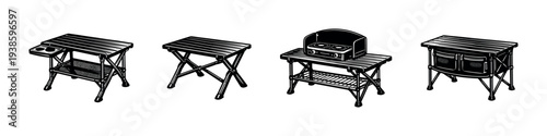 Set of four camping table designs in black and white silhouette illustration