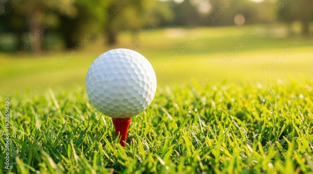 Obraz premium Golf ball on red tee with vibrant green grass and soft blurred background at sunrise