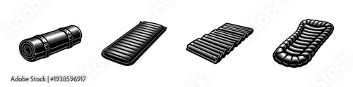 Black and white vector illustration of camping mats and air mattresses