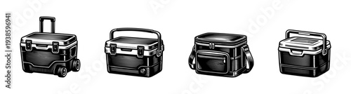 Black and white vector illustration of coolers set for camping and outdoor activities