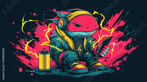 A stylized character with headphones and jacket, using a phone, surrounded by dynamic, abstract energy