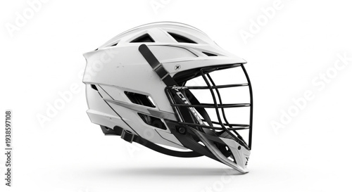 White Lacrosse Helmet With Black Face Cage On White Background.