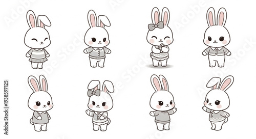 Cute cartoon bunny characters in various outfits and poses.
