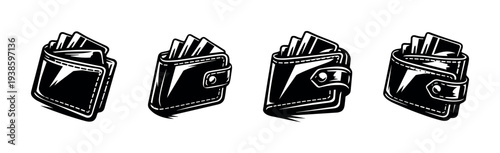 Set of vector illustrations of wallet icons in black and white silhouette style