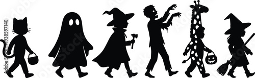 Halloween, silhouette, children costumes, trick or treat, spooky walk, festive kids, black vector, holiday fun, ghost outfit, witch broom, zombie child, giraffe costume, cat ears, Halloween bucket
