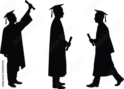 Graduation silhouette illustration, students with caps, diploma celebration artwork, academic achievement design, education success scene, festive ceremony decor,